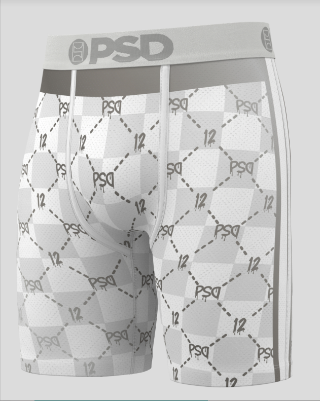 Gray boxer briefs with a geometric pattern and 'PSD' branding on a white background