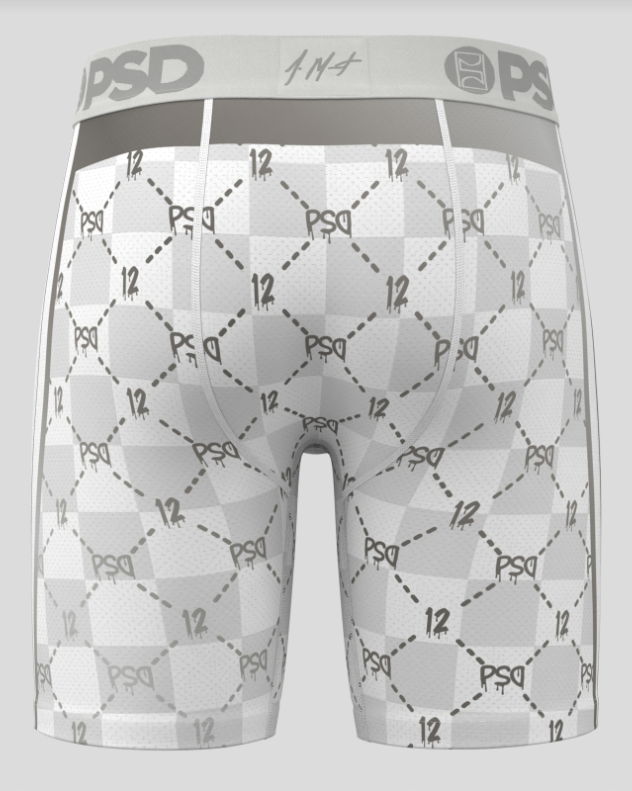 Gray and white boxer briefs with a geometric pattern on a light gray background
