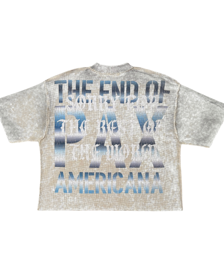 Gray t-shirt with blue and black text on a white background