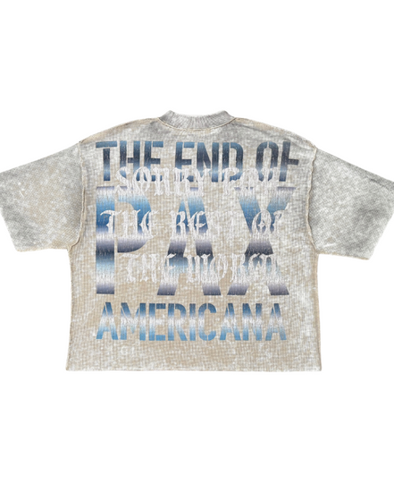 Gray t-shirt with blue and black text on a white background