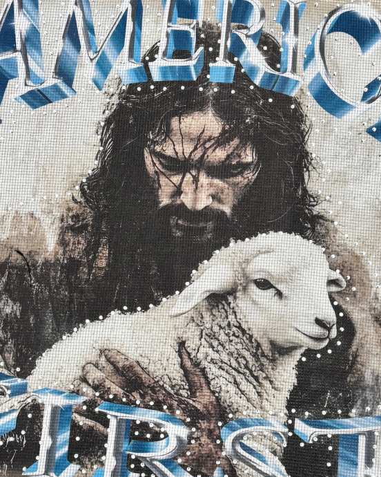 Collage with a figure holding a lamb and text overlay on a textured background