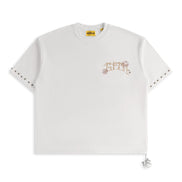 White t-shirt with decorative elements on a white background