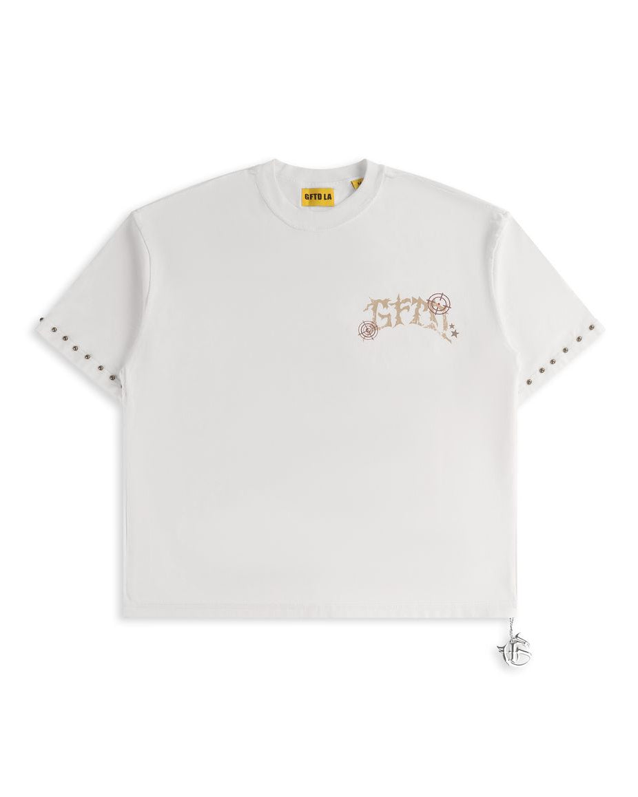 White t-shirt with decorative elements on a white background