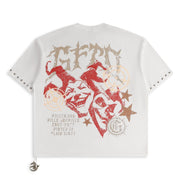 White t-shirt with red and gold graphic design on a white background
