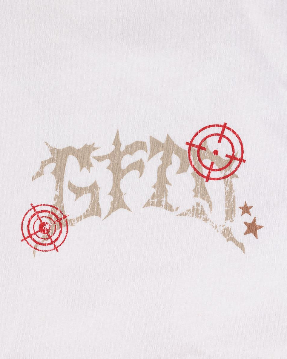Text with red target symbols on a light gray background
