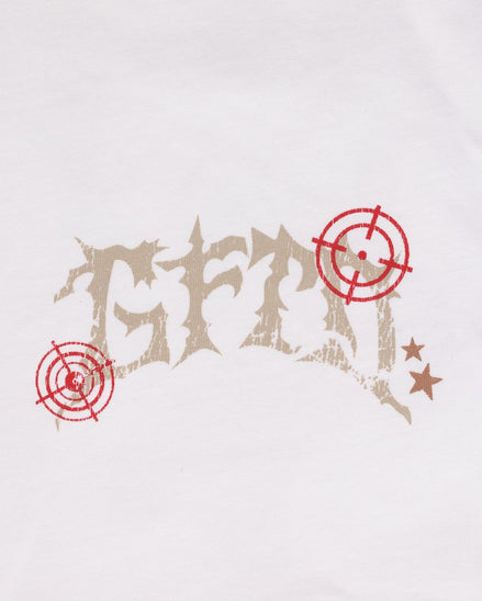 Text with red target symbols on a light gray background