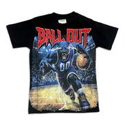A black short-sleeve graphic t-shirt featuring a large front print of a blue panther basketball player holding a basketball, with the word 'BALL OUT' in red arched text above.