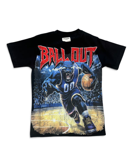 A black short-sleeve graphic t-shirt featuring a large front print of a blue panther basketball player holding a basketball, with the word 'BALL OUT' in red arched text above.