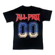 A black short-sleeve t-shirt with a graphic on the back featuring the text 'ALL PRO' in red and the number '00' in a blue and white gradient sports-style font.