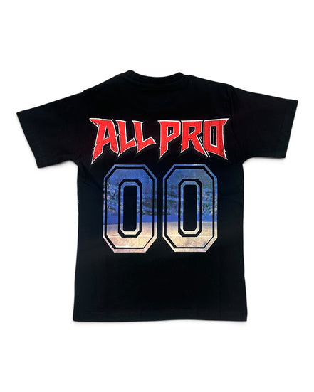 A black short-sleeve t-shirt with a graphic on the back featuring the text 'ALL PRO' in red and the number '00' in a blue and white gradient sports-style font.