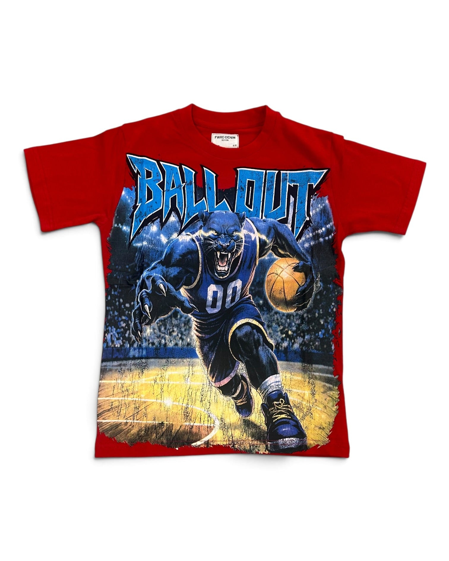 A red short-sleeve graphic t-shirt featuring a large front print of a basketball player in a blue uniform dribbling a basketball on a court, with the text 'BALL OUT' in blue above the graphic.