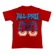 A red short-sleeve t-shirt shown from the back, featuring a blue and white graphic print that reads 'ALL PRO' above the number '00'.