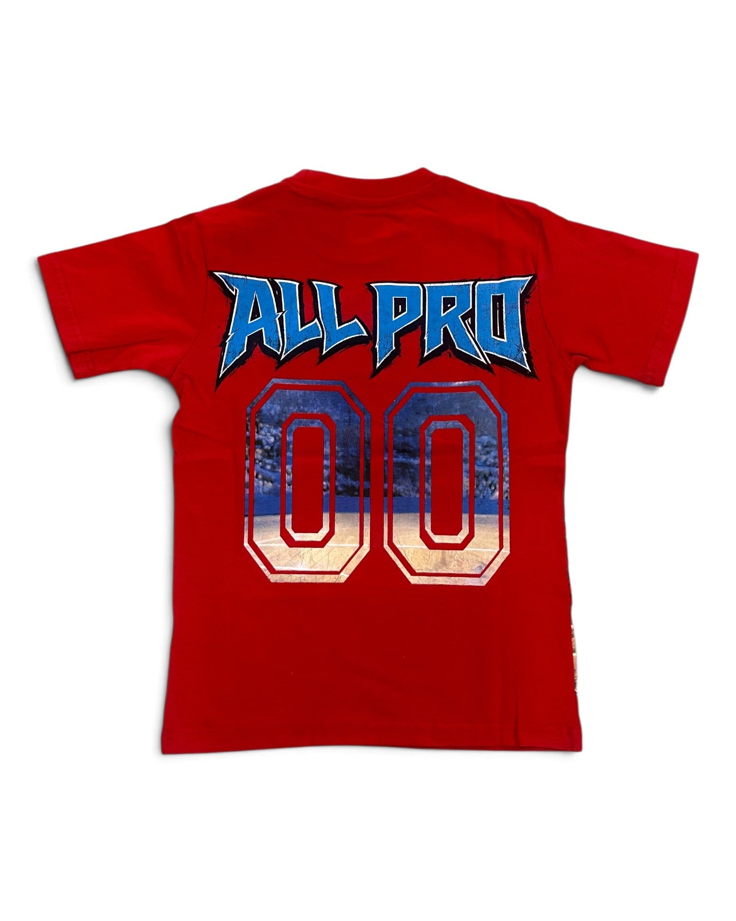 A red short-sleeve t-shirt shown from the back, featuring a blue and white graphic print that reads 'ALL PRO' above the number '00'.
