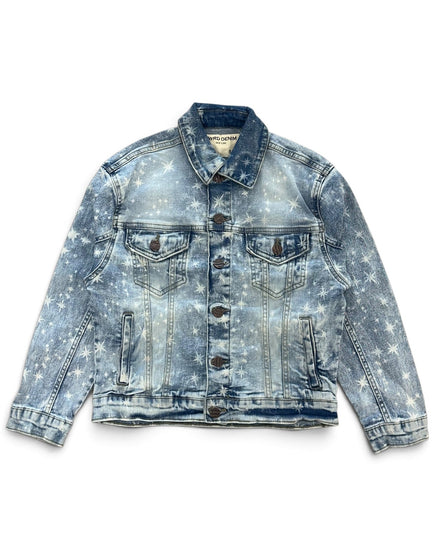 A light blue denim trucker jacket with a white star print pattern, featuring a button-up front, chest pockets, and side pockets, laid flat against a white background.