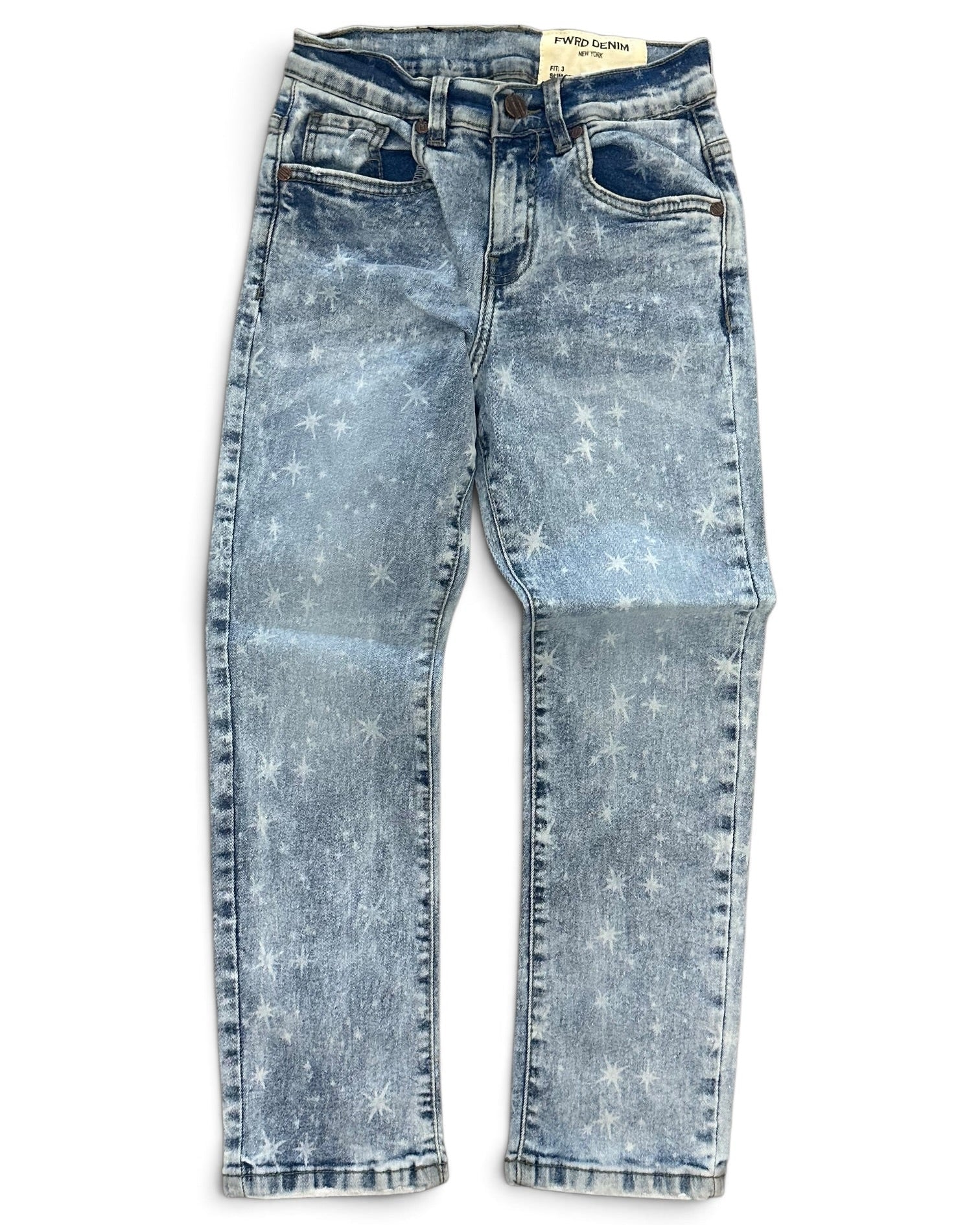 Light blue denim jeans with a white star print pattern, shown flat against a white background.