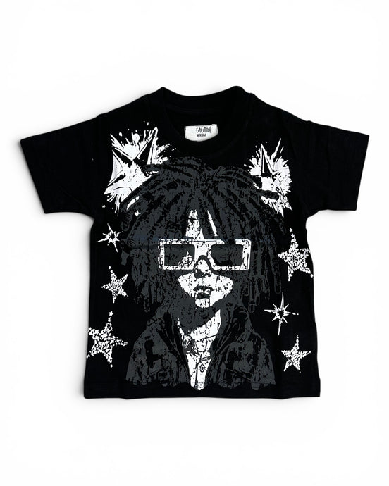 Black t-shirt with a graphic design of a person with dreadlocks and stars on a white background