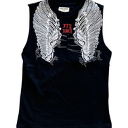 Black sleeveless shirt with white wings and red text on a white background