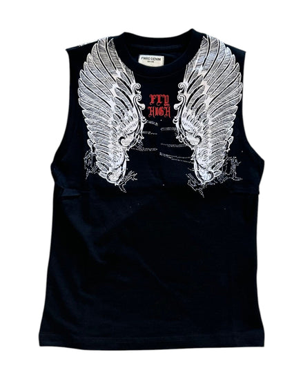 Black sleeveless shirt with white wings and red text on a white background