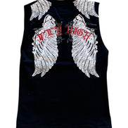 Black sleeveless shirt with white wings and red text on a white background