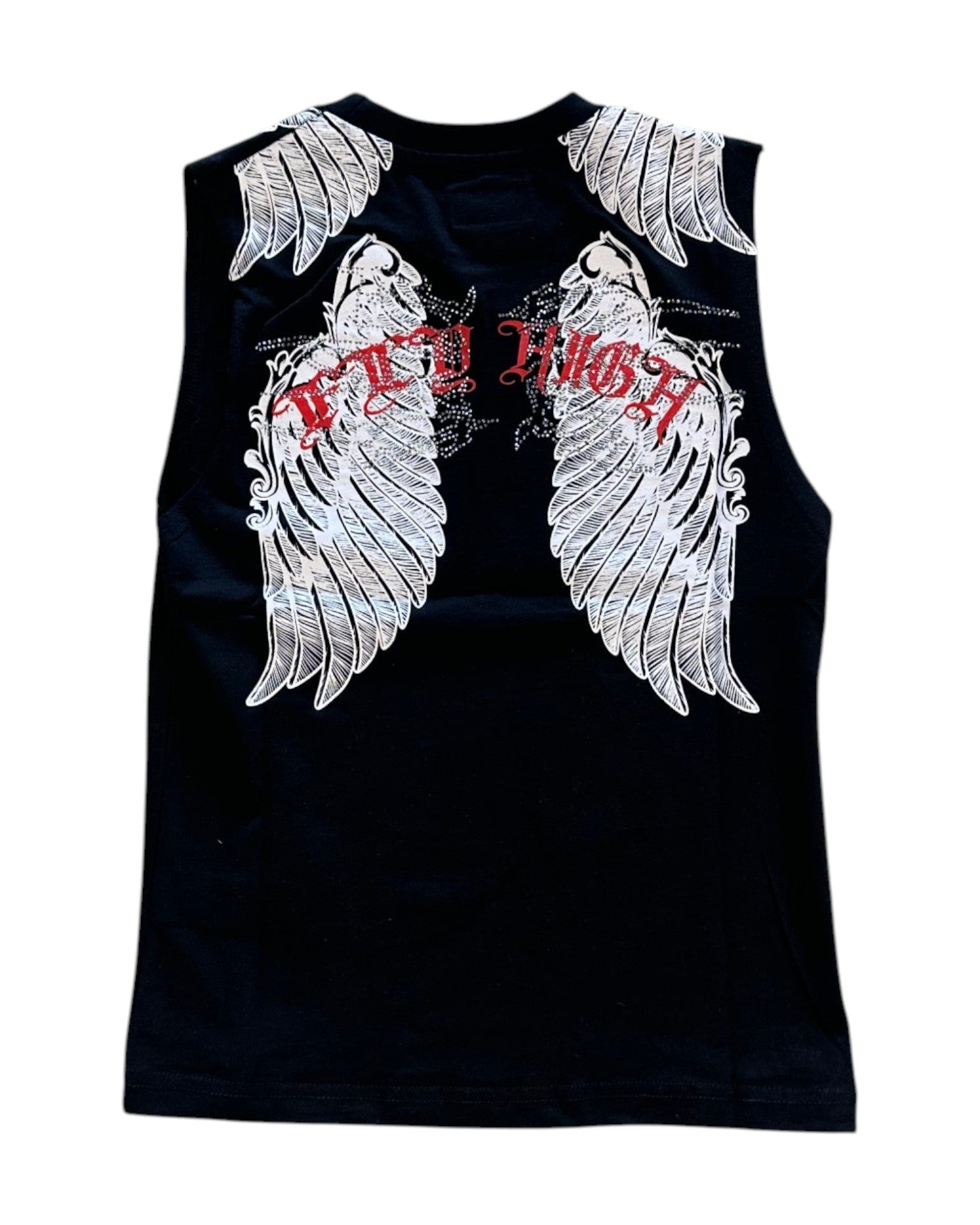 Black sleeveless shirt with white wings and red text on a white background