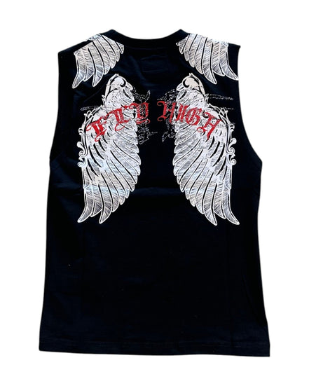 Black sleeveless shirt with white wings and red text on a white background
