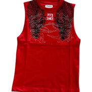 Red sleeveless shirt with black graphic design on a white background