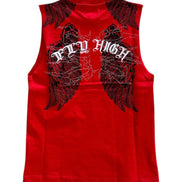 Red sleeveless shirt with black wings and 'FLY HIGH' text on a white background