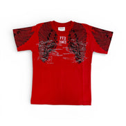 Red t-shirt with black wing design on a white background