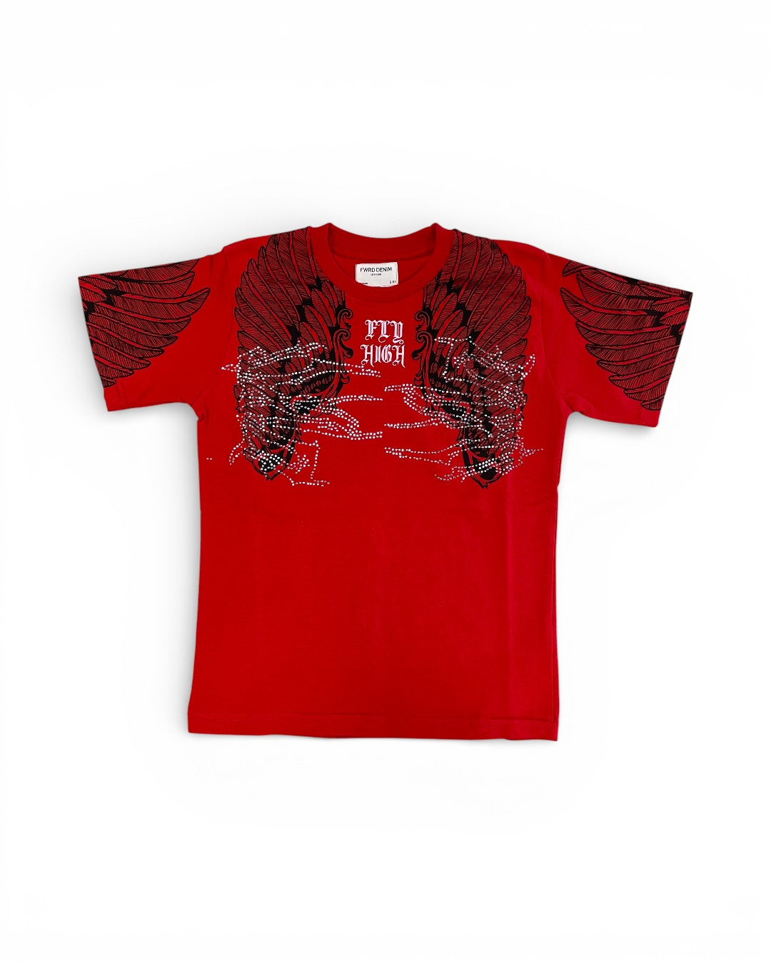 Red t-shirt with black wing design on a white background