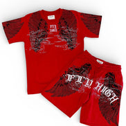 Red t-shirt and shorts set with black graphics and text on a white background