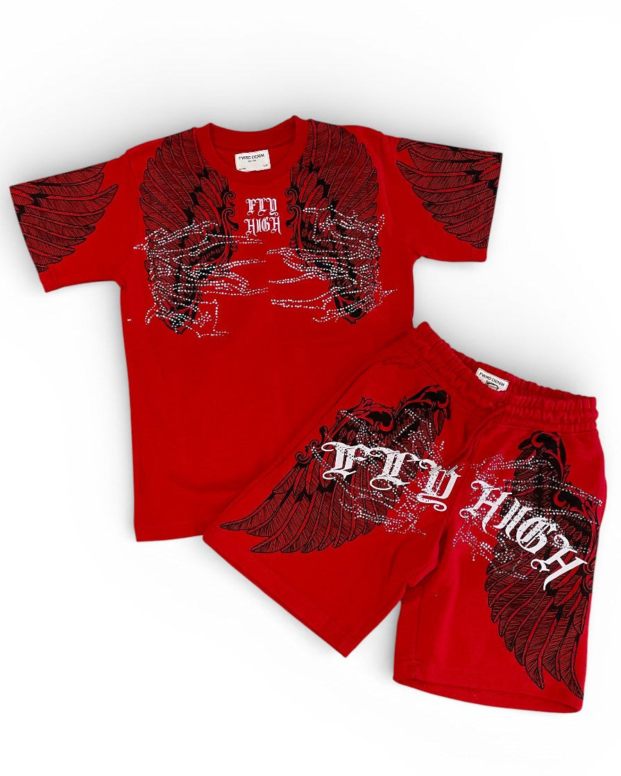 Red t-shirt and shorts set with black graphics and text on a white background