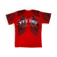 Red t-shirt with black wings and 'FLY HIGH' text on a white background