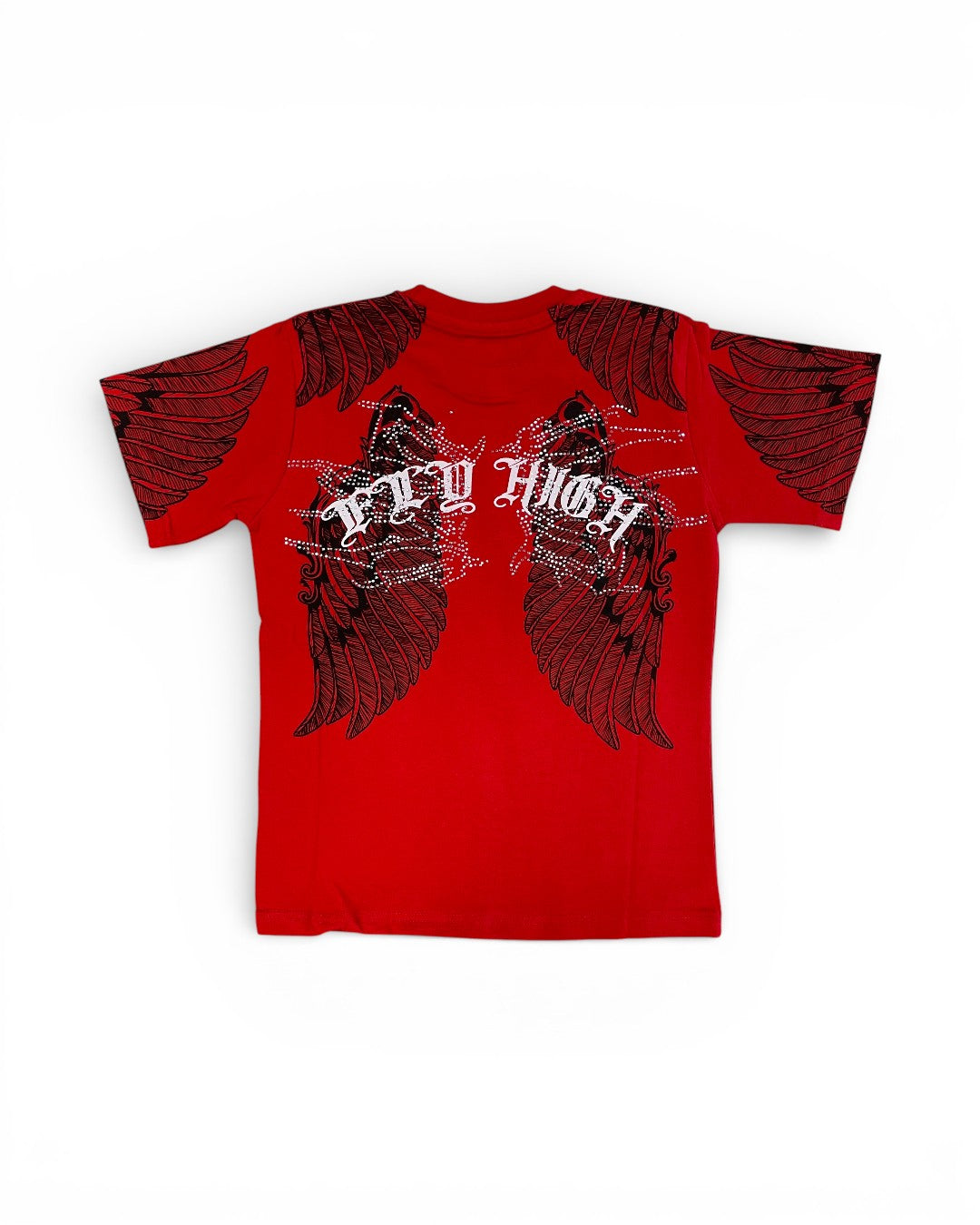 Red t-shirt with black wings and 'FLY HIGH' text on a white background