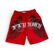 Red shorts with black wings and 'FLY HIGH' text on a white background