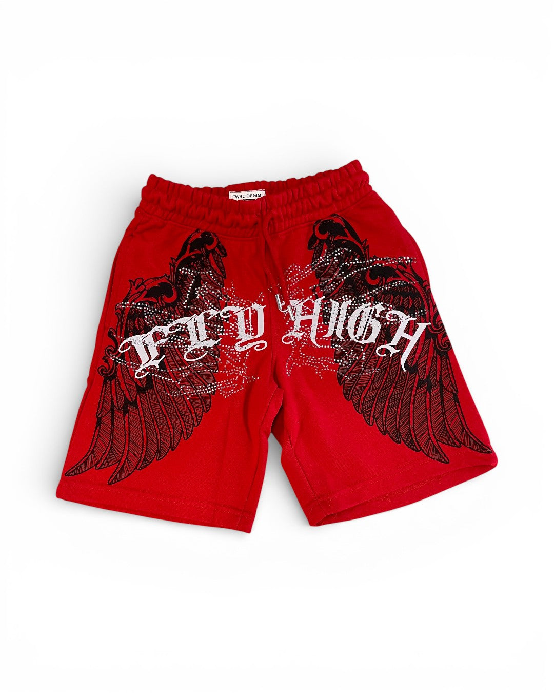 Red shorts with black wings and 'FLY HIGH' text on a white background