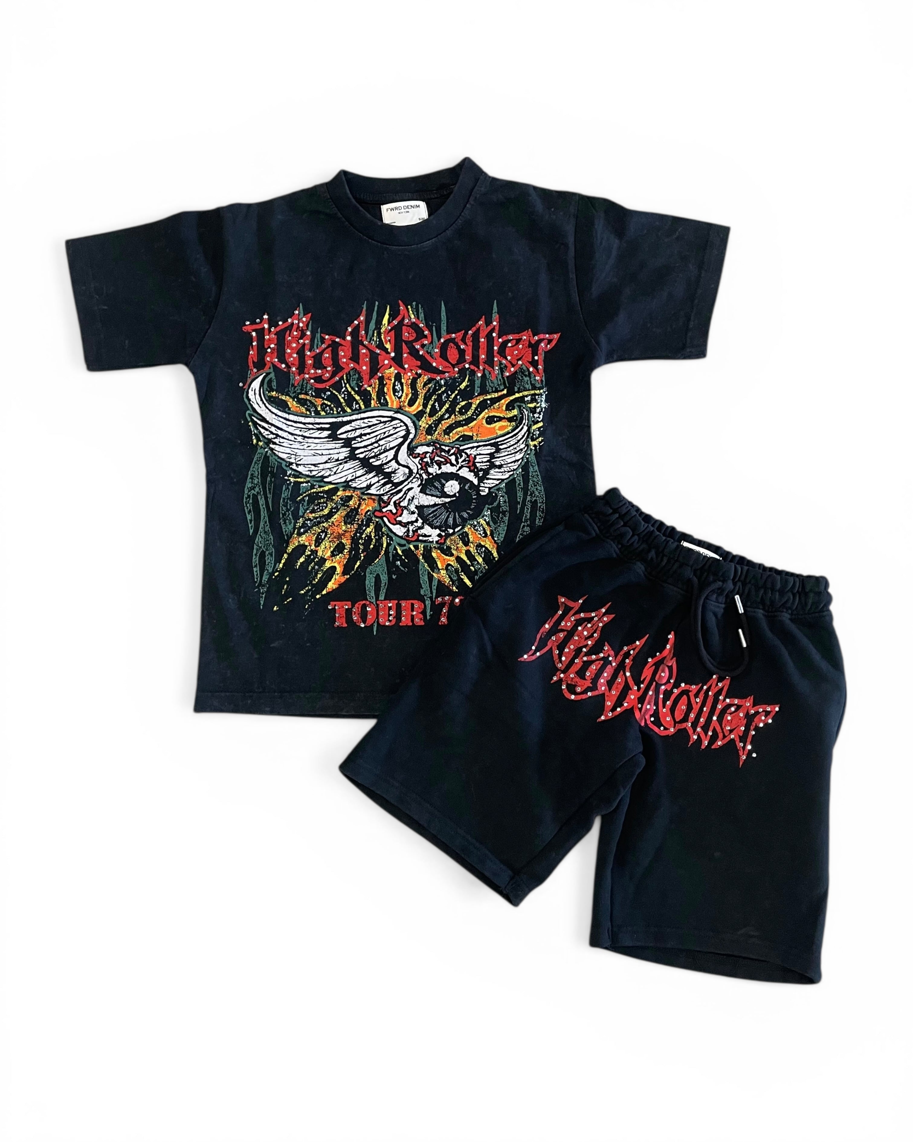 Black t-shirt and shorts set with 'High Roller' design on a white background