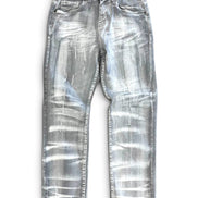 A pair of faded silver denim jeans with a heavily distressed, washed-out finish, laid flat against a white background.