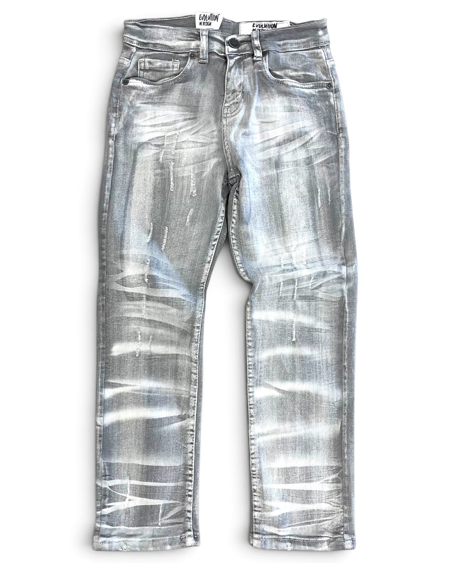 A pair of faded silver denim jeans with a heavily distressed, washed-out finish, laid flat against a white background.