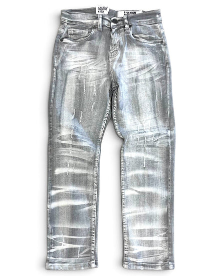 A pair of faded silver denim jeans with a heavily distressed, washed-out finish, laid flat against a white background.