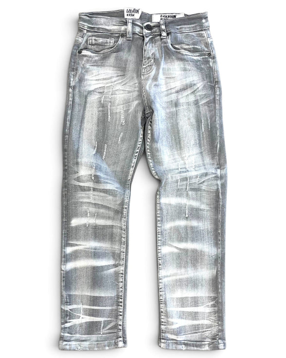 A pair of faded silver denim jeans with a heavily distressed, washed-out finish, laid flat against a white background.