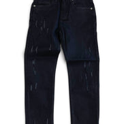 Dark jeans with distressed and ripped details, shown flat against a white background.