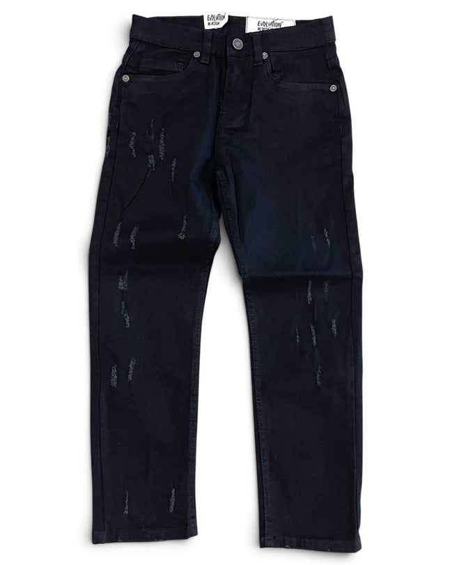 Dark jeans with distressed and ripped details, shown flat against a white background.