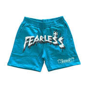 Blue shorts with 'FEARLESS' text on a white background