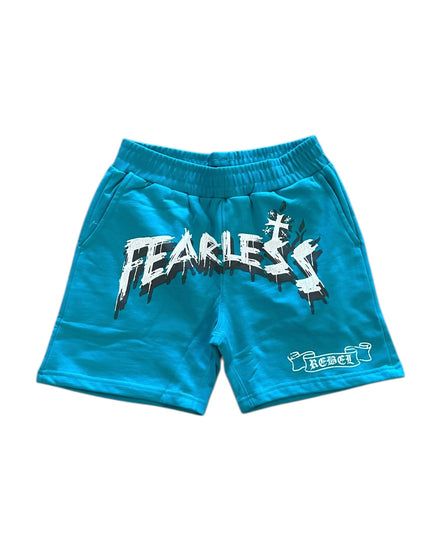 Blue shorts with 'FEARLESS' text on a white background