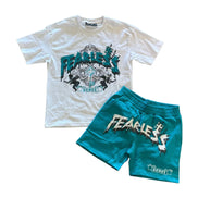 White t-shirt and teal shorts with 'Fearless' design on a white background
