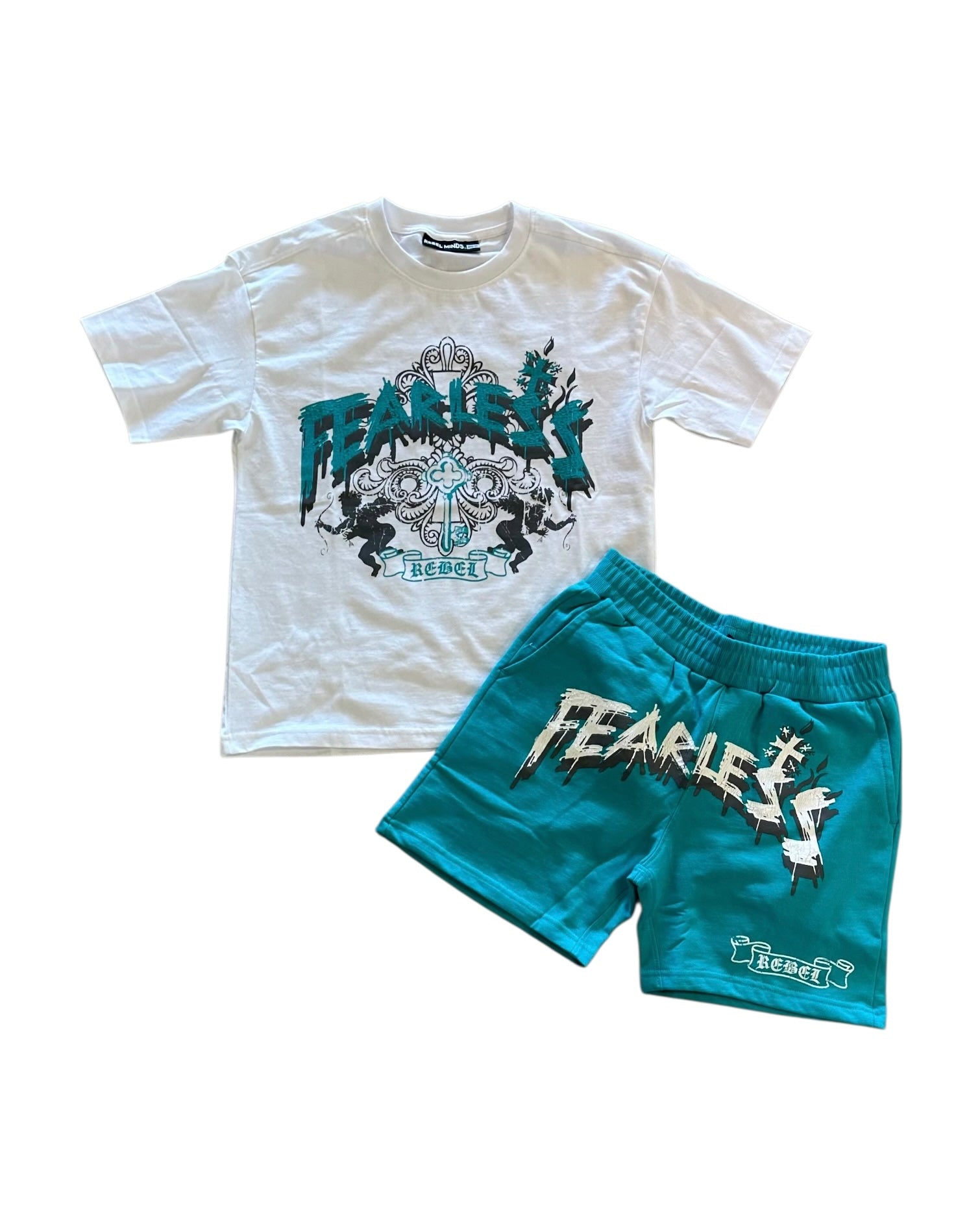 White t-shirt and teal shorts with 'Fearless' design on a white background