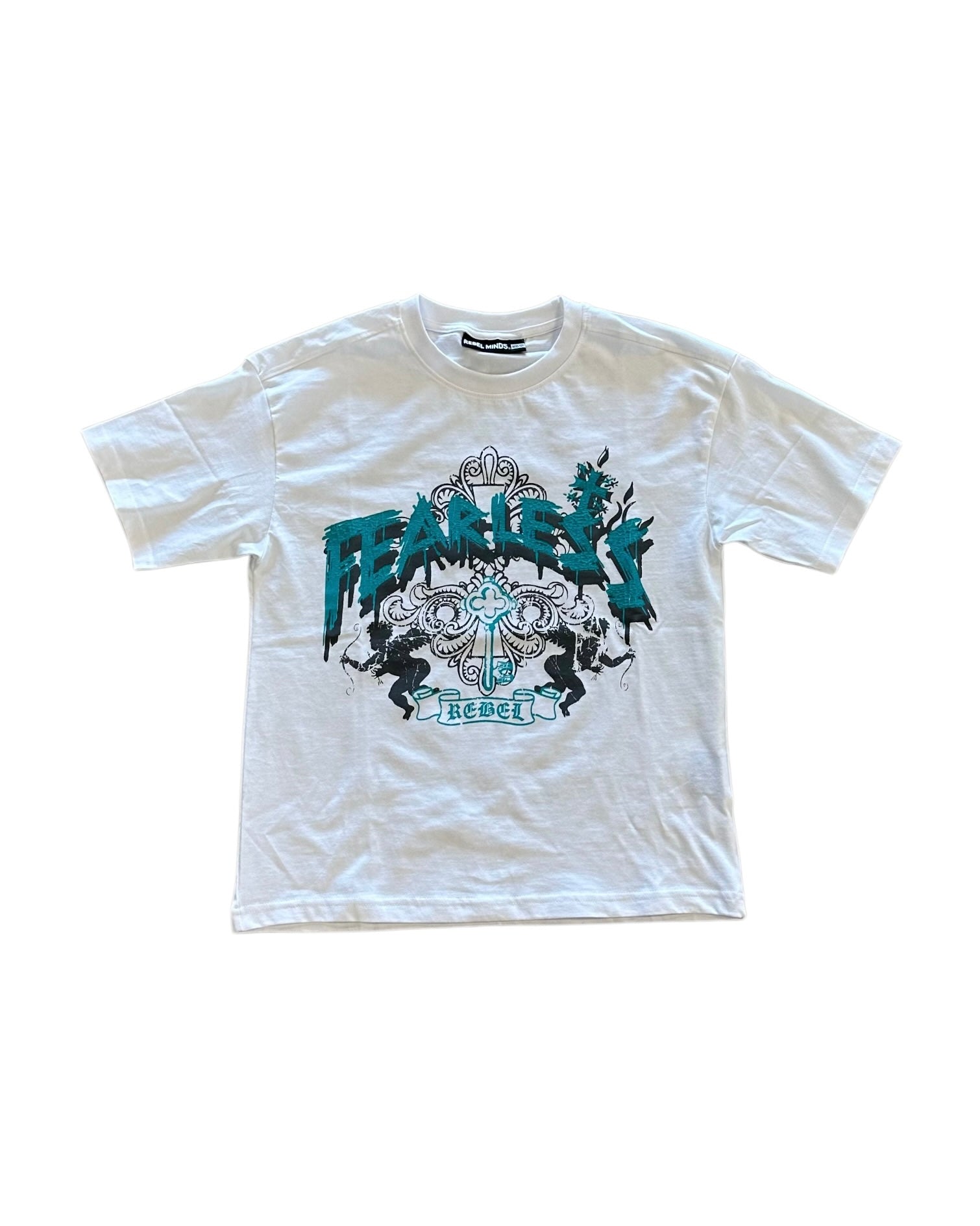 White t-shirt with black and blue graphic design on a white background