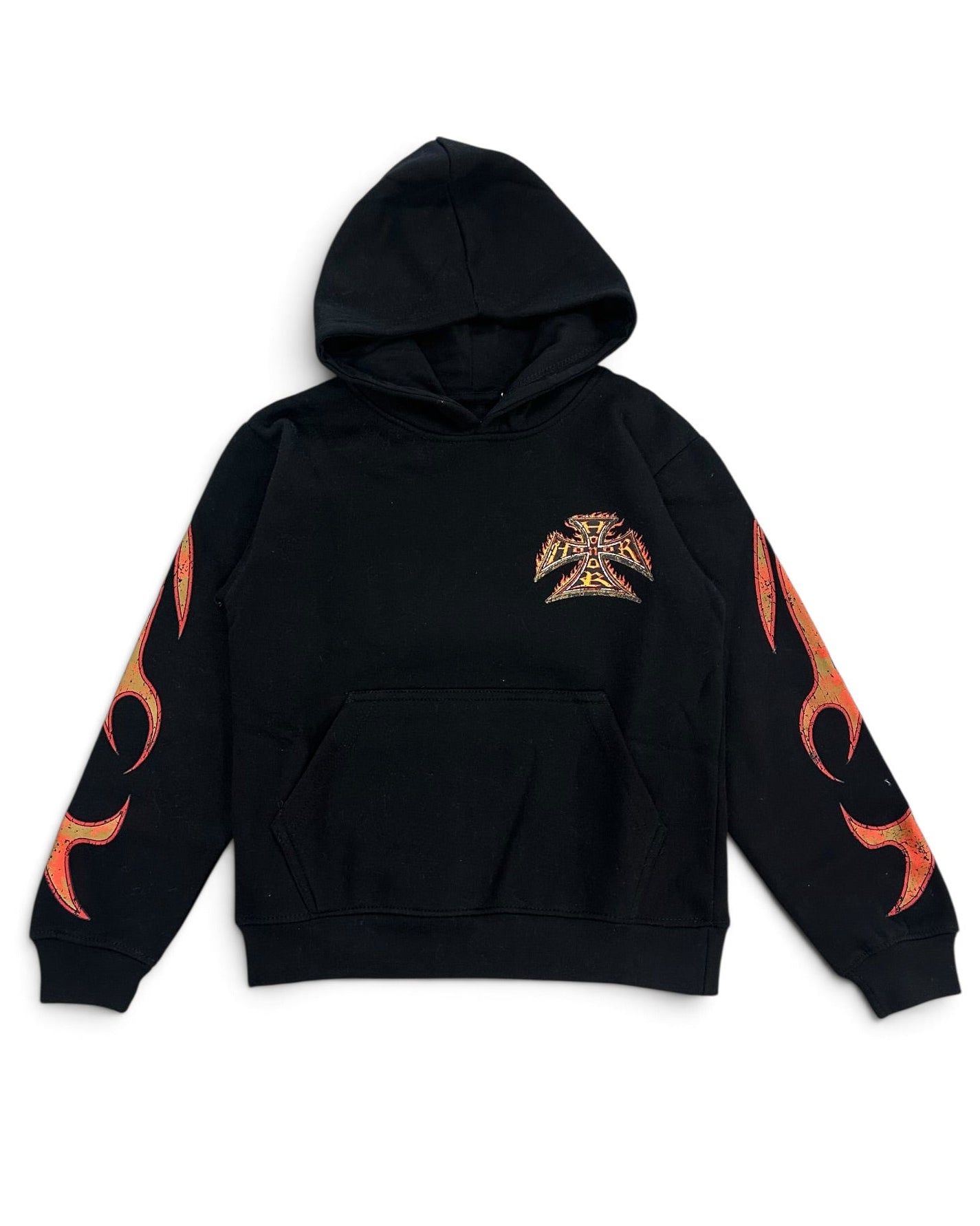 A black pullover hoodie featuring a small gothic-style cross emblem on the left chest and orange flame graphics running down both sleeves, displayed against a solid white background.