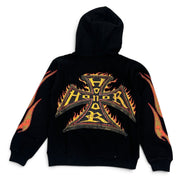A black pullover hoodie shown from the back, featuring a large metallic gold and orange Iron Cross graphic with the word 'HONOR' in the center, flanked by flame-like orange and yellow patterns running down both sleeves.