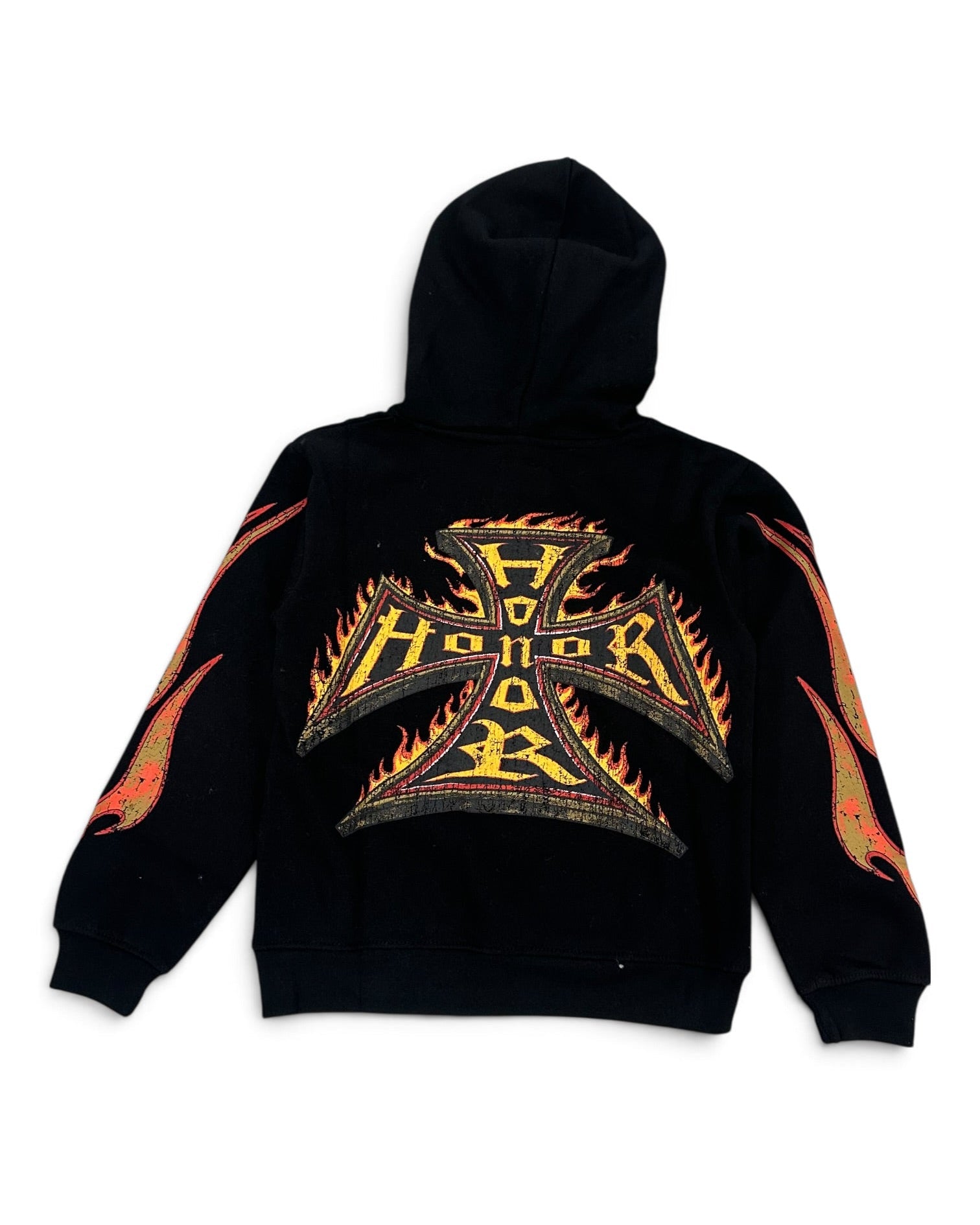 A black pullover hoodie shown from the back, featuring a large metallic gold and orange Iron Cross graphic with the word 'HONOR' in the center, flanked by flame-like orange and yellow patterns running down both sleeves.